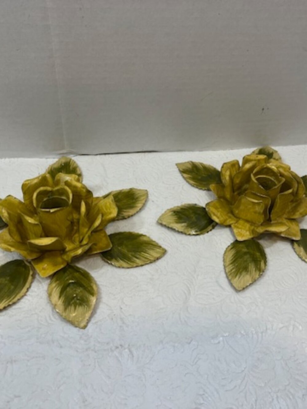 VTG Two Golden Yellow Hand Painted Rose Metal Taper Table Candle Holder 7.5"Wide